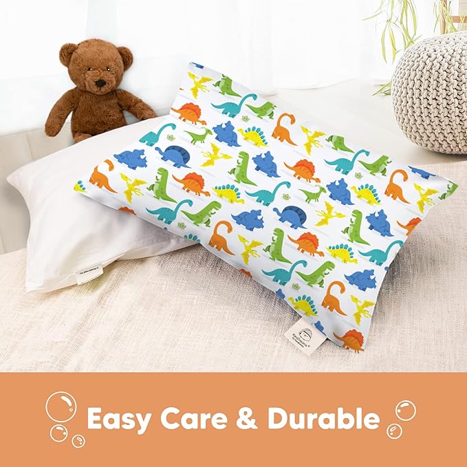 KeaBabies Toddler Pillowcase 13"x18" - Organic Cotton Toddler Pillowcase for Kids, Boys,Girls,Soft & Durable Cotton Cover for Miniature Sleepy Pillows,Cute Colors,Pillow Sold Separately(Happy Dino)
