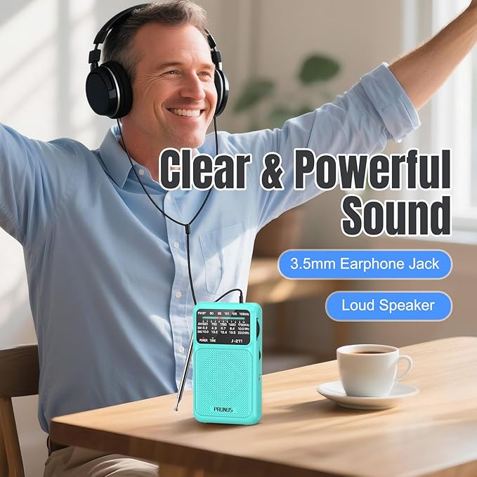PRUNUS J-211 Portable Radio AM FM with USB Charging and AA Battery Operated, Transistor Radio, Strong Reception& Clear Speaker, Headphone Jack, Back Clip, Lanyard, Small radios Portable AM FM