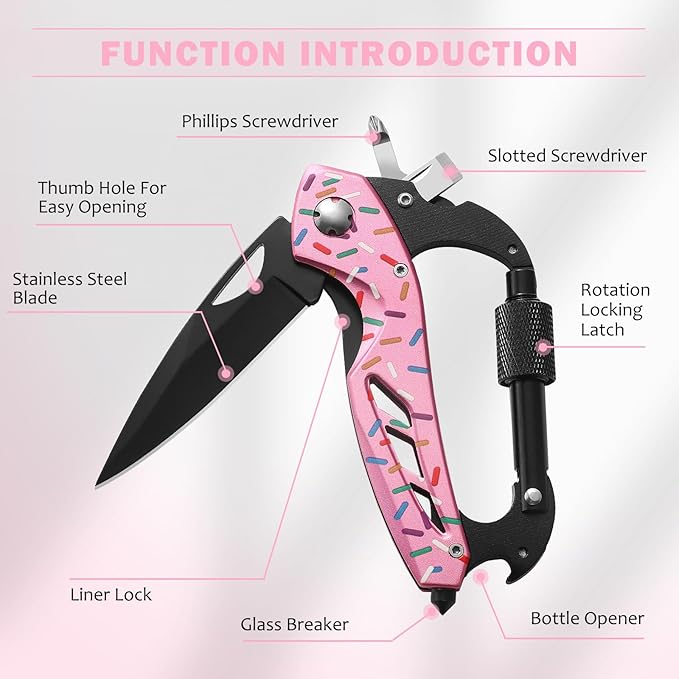 Donut Multitool Carabiner Knife Gifts for Women Men,Survival Gear for Camping Hiking，EDC Carabiners, 6-in-1 Multi Tools with Window Breaker, Bottle Opener and Screwdriver,Gifts for Women Men （Donut）