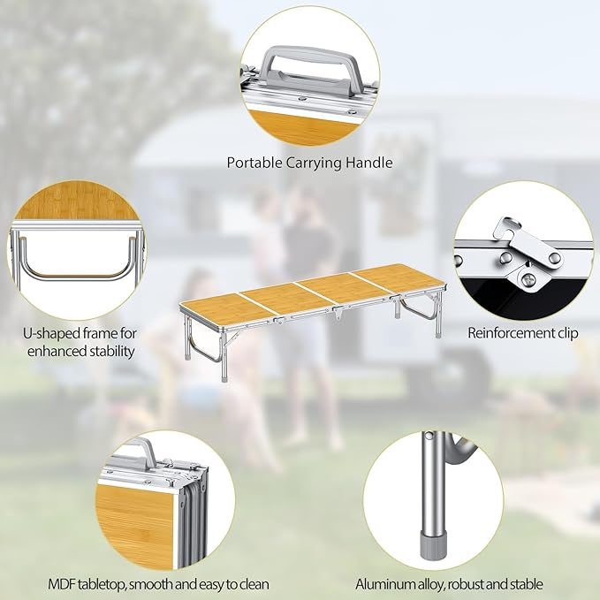 Anbte 4ft Low Folding Picnic Table, Thicker Aluminum Small Camping Table with Storage Bag, Portable Handle, Lightweight, for Camping Beach Party Picnic Floor,45.67" x 15.7" x 10.3", Yellow