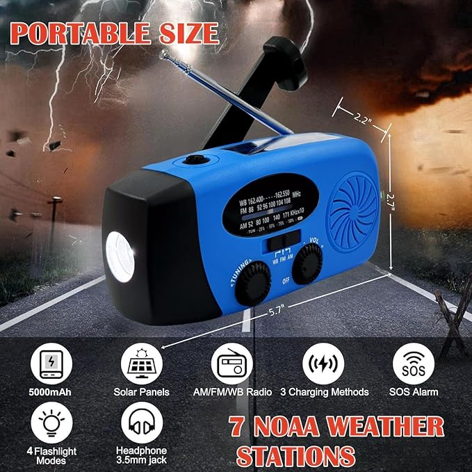 iRonsnow Solar Emergency Hand Crank Weather Radio, Portable Self Powered NOAA AM/FM Radios with SOS Alarm LED Flashlight 5000mAh Smart Phone USB Charger for Camping (Blue)