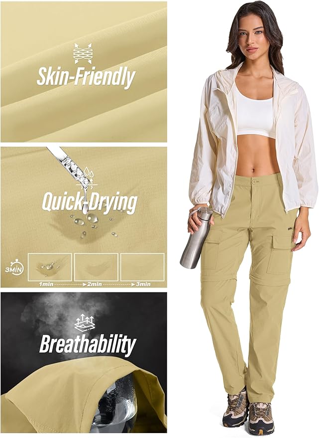 Womens Hiking Pants Convertible Quick Dry Stretch Lightweight Zip Off Outdoor Safari Pants with Cargo Pockets