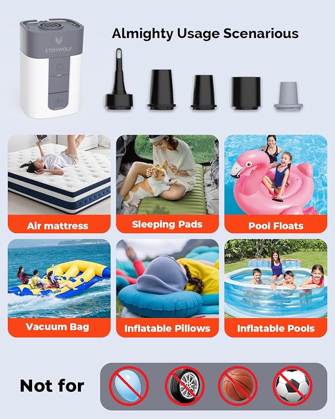 ETENWOLF AIR 5 Air Pump for Inflatables, 5200 mAh Portable Electric Air Pump, 4X Quick Inflator Deflator, 4.5 kPa & 720 L/min Pump for Pool Floats, Air Mattress, Vacuum Storage Bags, Camping