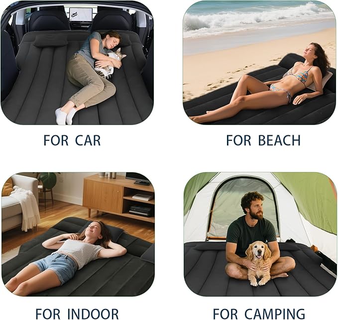 Car Air Mattress - Inflatable Camping Bed Compatible with Tesla Model Y, Thickened Flocked AirBed for Trunk/Backseat/Sedan/SUV/RV, Sleeping Pad with Pump and 2 Pillows for Camping Travel Outdoor Black