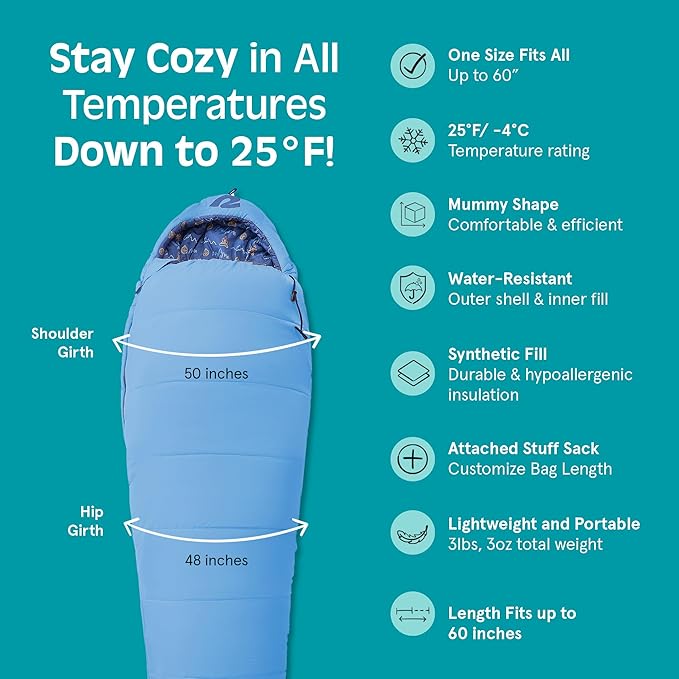 Retrospec Dream 25 Kids Sleeping Bag for Camping - Mummy Style, Water-Resistant, Lightweight 3lbs 3oz, Adjustable Length, Draft Collar, 25°F Rating