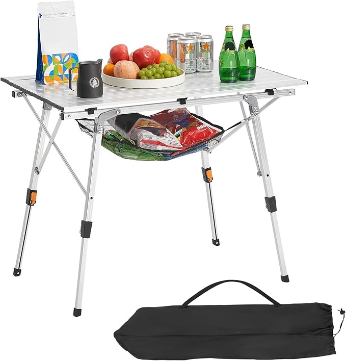 VEVOR Folding Camping Table, Portable Roll Up Side Tables, Lightweight Aluminum Beach Table for Outdoor BBQ Tailgating Picnic, Travel (35 inch-Silver)