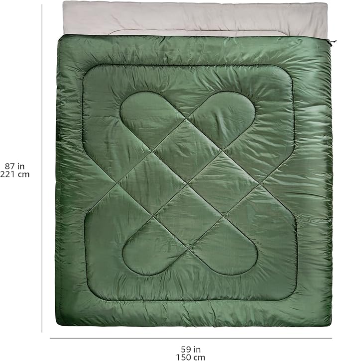 Amazon Basics 40°F Cold Weather Two-Person Sleeping Bag for Outdoor Camping, Queen Size XL, 87" x 59", Olive Green