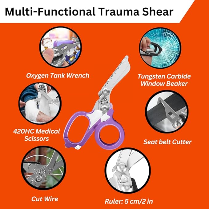 Heavy Duty Stainless Steel Emergency Response Multi-Functional Trauma Shears - Foldable, Survival Shears With Holster - Purple