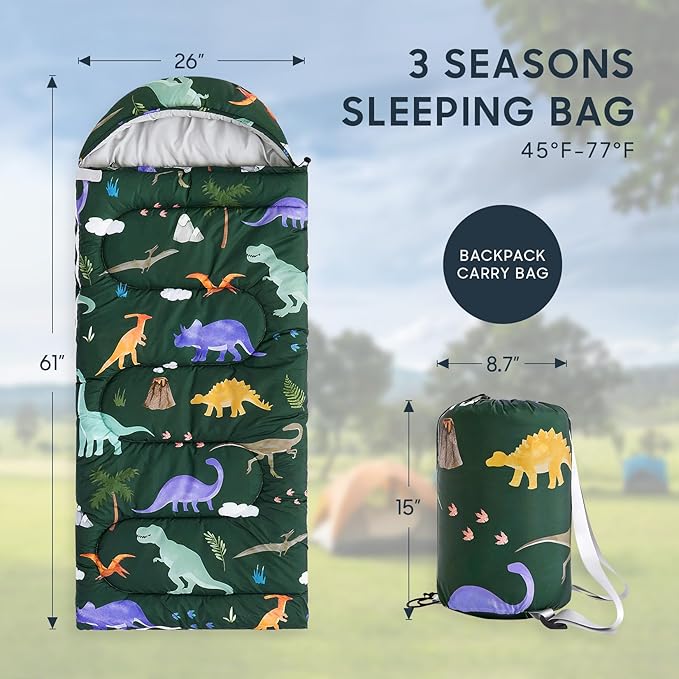Wake In Cloud - Kids Sleeping Bag for Boys Toddlers, Camping in Warm Cold Weather, Backpacking Lightweight Compact Outdoor Liner for 3 Seasons, Watercolor Dinosaurs