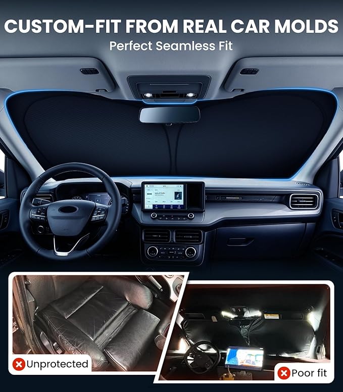 Zanch Custom Windshield Sun Shade for Ford Maverick 2022-2026, 7-Layer Heavy-Duty UV & Heat Block Protection, 3D Laser Scanned Instant Cooling, Foldable Truck Accessories