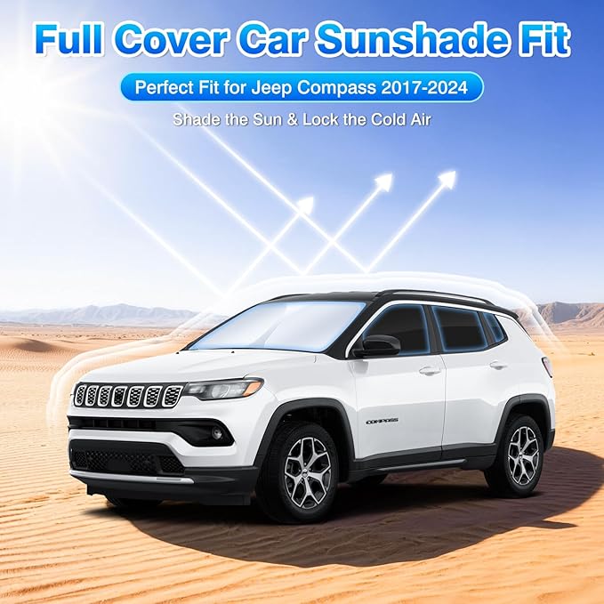 T TGBROS Windshield Sun Shade for Jeep Compass 2017-2020 2021 2022 2023 2024 Car Window Shades Thicken UV Block and Blackout Privacy Foldable Sunshades 8PCS Accessories Keep Cool Sun Visor Covers