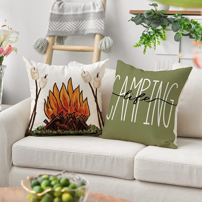AVOIN colorlife Happy Camper Camping Life Throw Pillow Covers 18x18 Set of 4, Gnome S'More Campfire Decoration for Sofa Couch