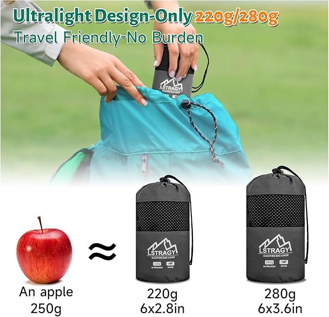 Ultralight Sleeping Bag Liner, Satin Sleep Sack, Comfy Breathable & Cooling & Silky Soft liner, Travel Sheets & Adult Sleep Sack with 2 Way Zipper, Ideal for Backpacking, Hotel, Camping, Hostels