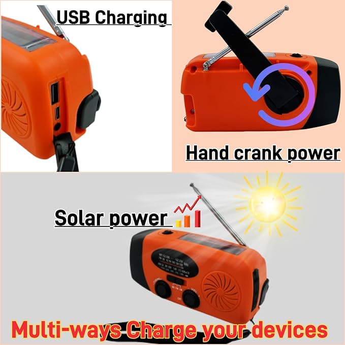 5000mAh Hand Crank Emergency Weather Radio, am fm noaa Solar Radio with Led Flashlight and Earphone Jack, Charger for Smartphone, USB-C Cable/Self Powered with SOS Alarm (Orange)