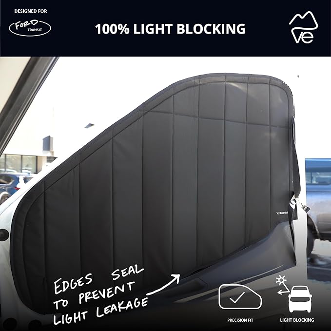 VanEssential Insulated Stealth Blackout Window Covers Designed for Ford Transit High/Medium Roof Front Door Windows (Pair) - Black