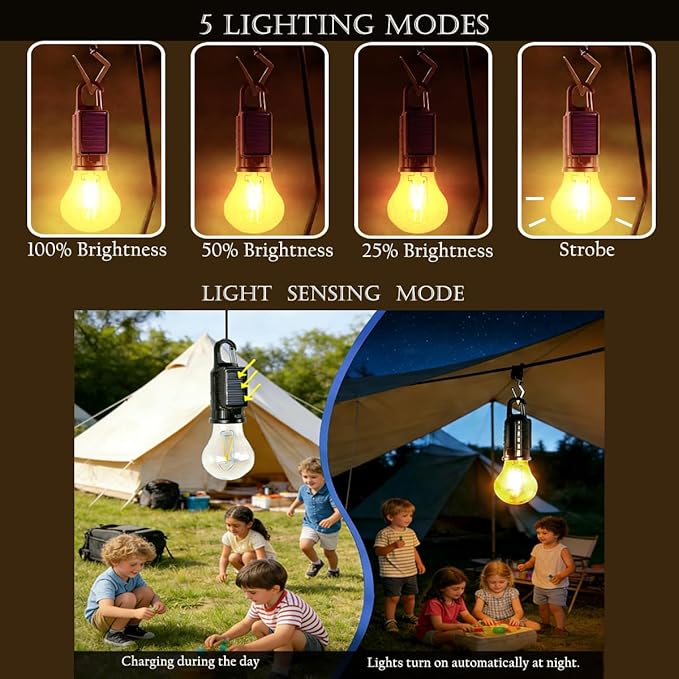 Solar Camping Lantern, Portable LED Camping Light with Light Sensor, USB Rechargeable Tent Light, Dusk to Dawn Waterproof Hanging Emergency Light for Outdoor Hiking Backpacking Patio Warm White 2 Pack