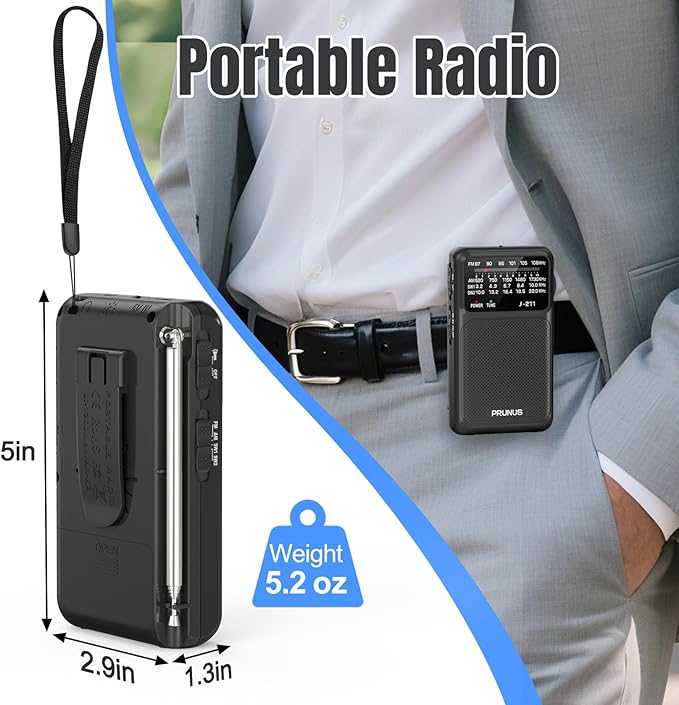 PRUNUS J-211 Portable Radio AM FM with USB C Charging and AA Battery Operated, Transistor Radio, Strong Reception& Clear Speaker, Headphone Jack, Back Clip, Lanyard, Small Radios Portable AM FM