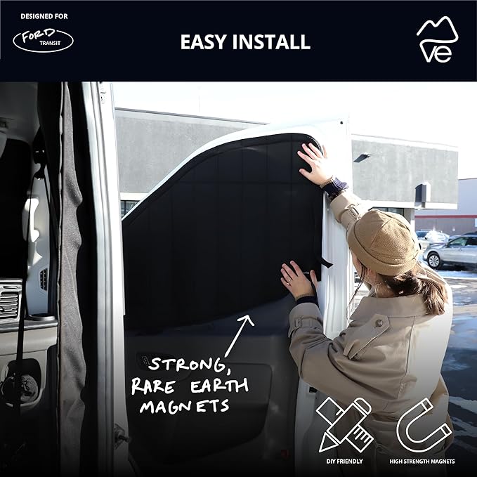 VanEssential Insulated Stealth Blackout Window Covers Designed for Ford Transit High/Medium Roof Front Door Windows (Pair) - Black