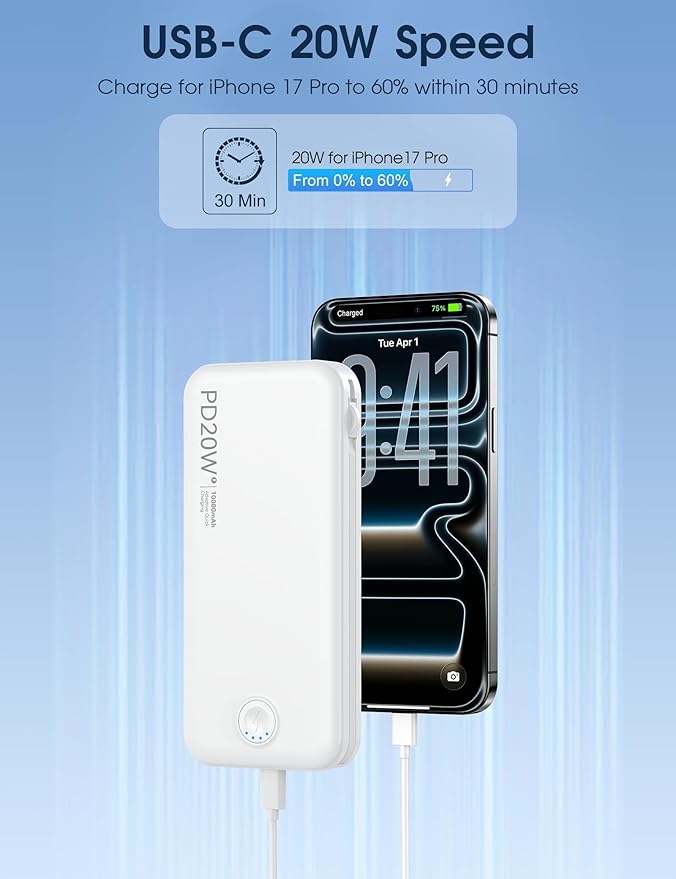 Nusyddy Portable Charger, 10000mAh PD20W Fast Charging Power Bank with Built-in Cables & Wall Plug, Travel Essentials External Battery Pack, USB C Battery Phone Charger for iPhone, iPad, Samsung White