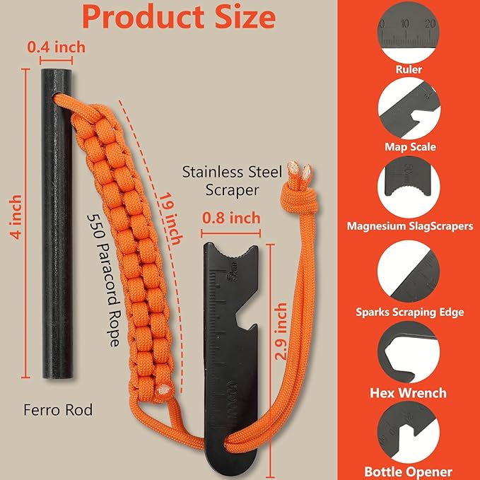 VVAAGG Flint and Steel Fire Starter Kit Survivor, 3/8" 1/2 inch Ferro Rods and Magnesium Rods with Paracord Handle