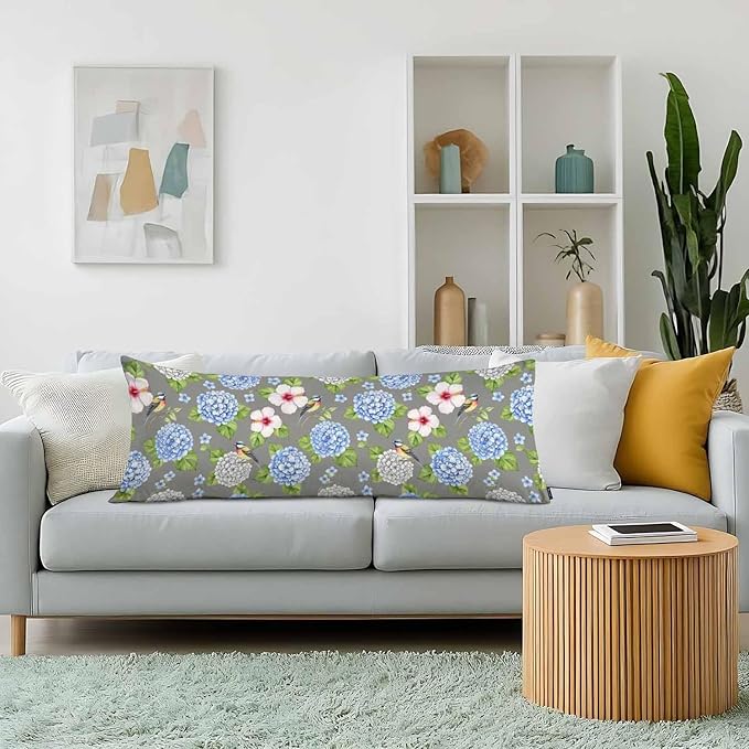 Couch Body Pillow Cover Hummingbird Bedding Body Pillow Case for Men Women, Blue Hydrangea Oblong Pillow Covers Throw Body Cushion Cases for Home Sofa Livingroom 20"X 54"