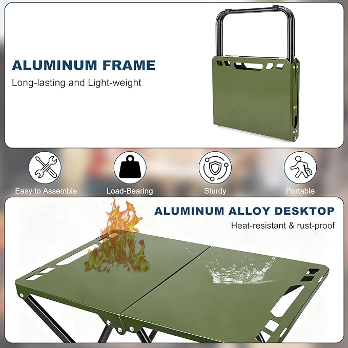Tactical Camping Table, Collapsible Table Lightweight with Carry Bag, Durable Carbon Steel Outdoor Picnic Table for Camping, Travel expeditions, Hiking, Picnics, BBQs & Beach Trips - Green