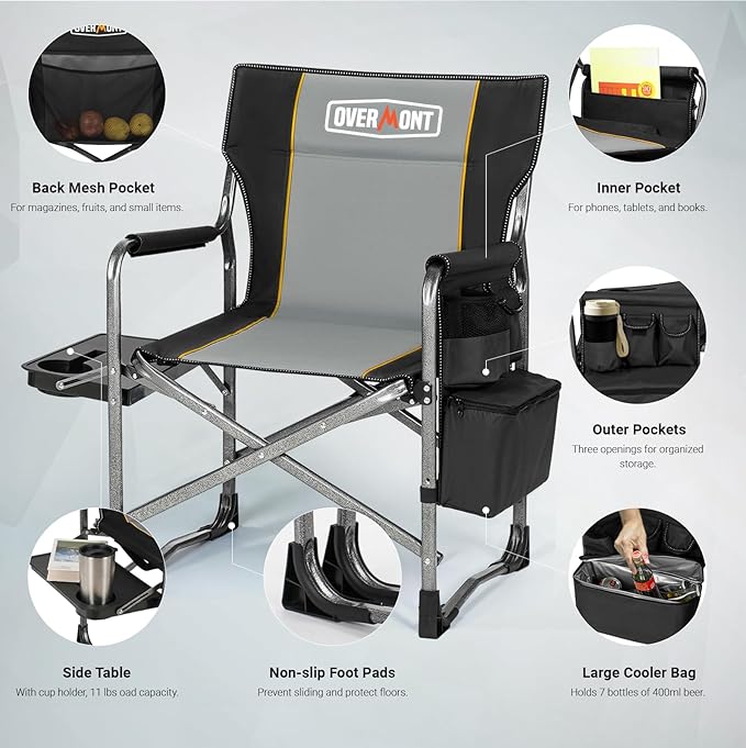 Overmont Oversized Lightweight Camping Chair - Portable Comfortable Heavy Duty Foldable Directors Chairs with Side Table & Cooler Bag for Outside Camp Beach Picnic Lawn and Fishing Supports 400lbs
