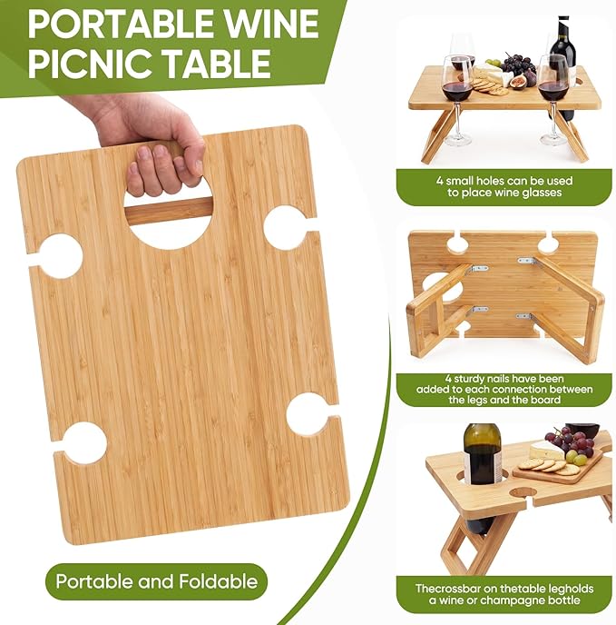 Bamboo Wine Picnic Table, Foldable Portable Charcuterie Tray with Bottle Slot and 4 Glass Holders, 15.6 x 11.7 x 7.5 in, for Beach, Park, Camping