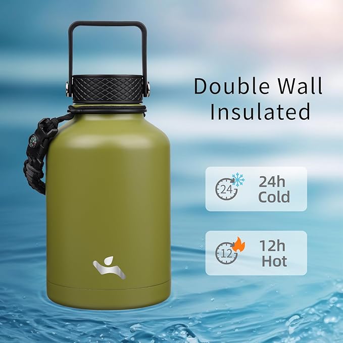 Konokyo Insulated Water Bottle with Straw,50 oz 3 Lids Water Jug with Carrying Bag,Paracord Handle,Double Wall Vacuum Stainless Steel Metal Flask,Forest Green
