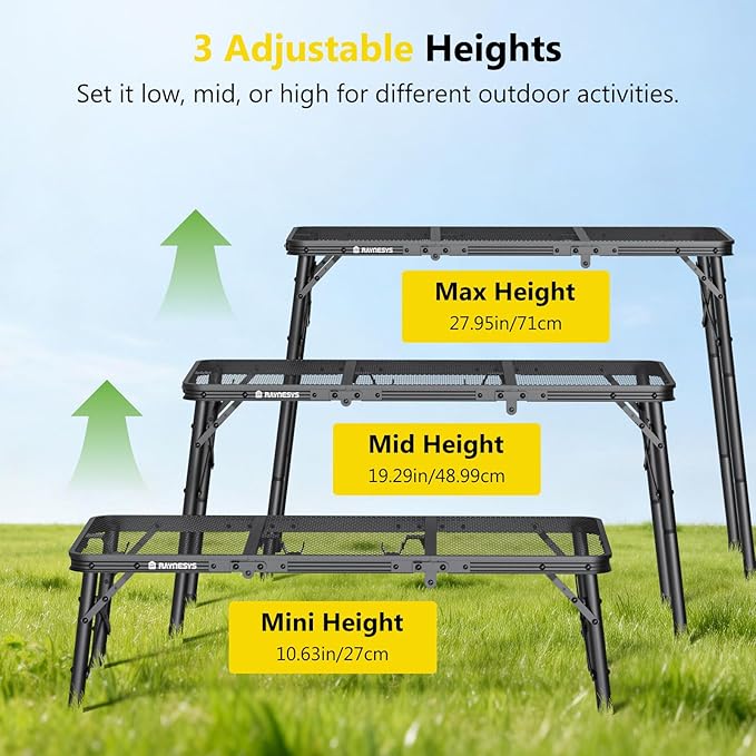 Raynesys Tri-fold Camping Table, 3 Heights Adjustable Grill Table with Storage Bag, Aluminum Frame Folding Tables, Portable Handle for Outdoor Camping Picnic Cooking BBQ, 35.43"x15.75", Black