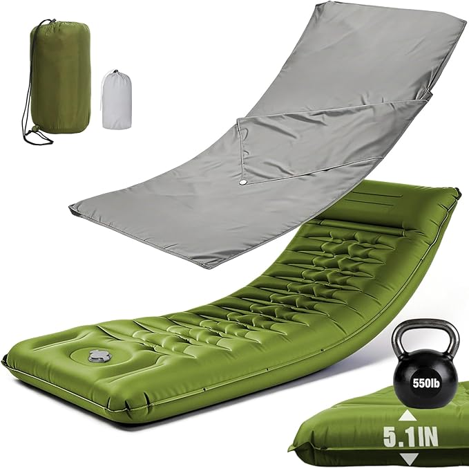 Camping Sleeping Pad, Extra Thick 5.1 Inch Self Inflating Camping Pads with Ultralight Sleeping Bag Liner, Camping Mat with Pillow & Foot Pump for Outdoor Hiking, Backpacking, Travel (Green)