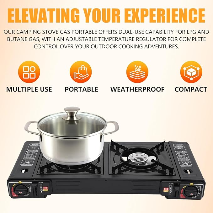 Portable Camping Stove｜24,000 BTU Dual Burner Gas Grill w/Removable Case｜Compact 24.8" Outdoor Cooker for RV Tailgating｜Stainless Steel 2-Burner Propane Stove
