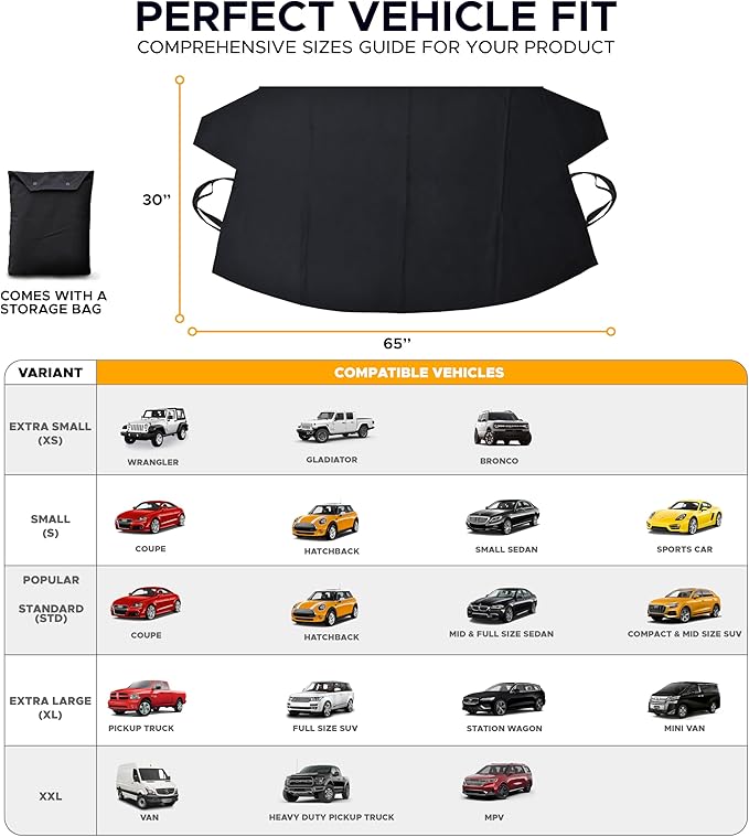 EcoNour Jeep Windshield Snow Cover | Durable 600D Oxford Fabric Winter Car | Windshield Ice Cover for Jeep Wrangler, Bronco, Gladiators | X-Small