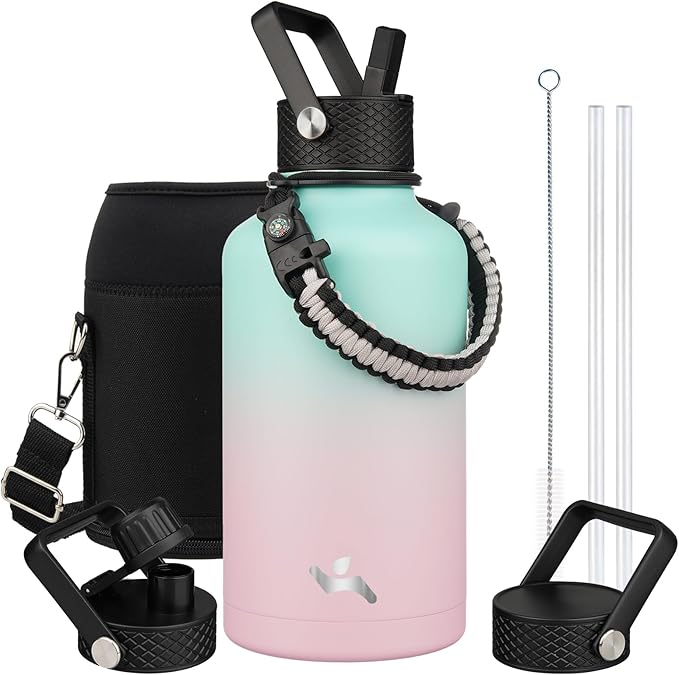Konokyo Half Gallon Insulated Water Bottle with Straw,64 oz 3 Lids Water Jug with Carrying Bag,Paracord Handle,Double Wall Vacuum Stainless Steel Metal Flask,Gum