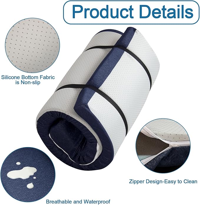 Memory Foam Camping Mattress Pad 3inch, Sleeping Pad, Portable Roll Up Mattress for Adults, Camping Bed Pads for Sleepover, Non-Slip Bottom Cot Mattress Pad 72" x 24"x 3"