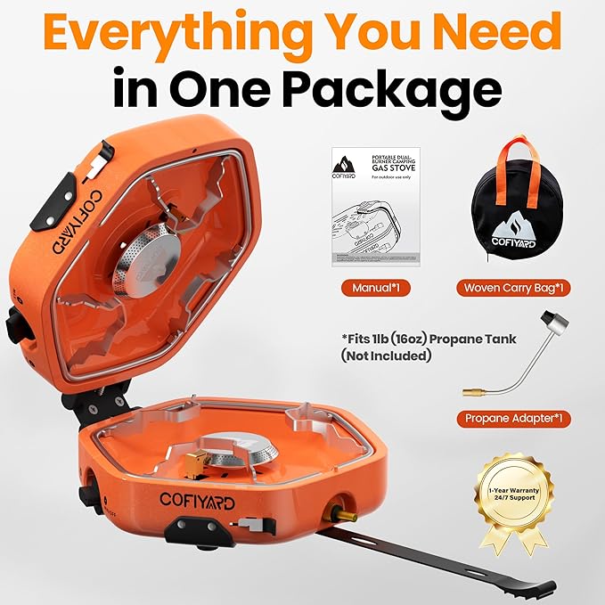 Cofiyard Propane 2 Burner Camping Stove with Carrying Bag, Portable Folding Gas Stove for Camping, Backpacking Camp Stove for Outdoor Cooking with 17,000 BTU Adjustable Burners for BBQ, Tailgating