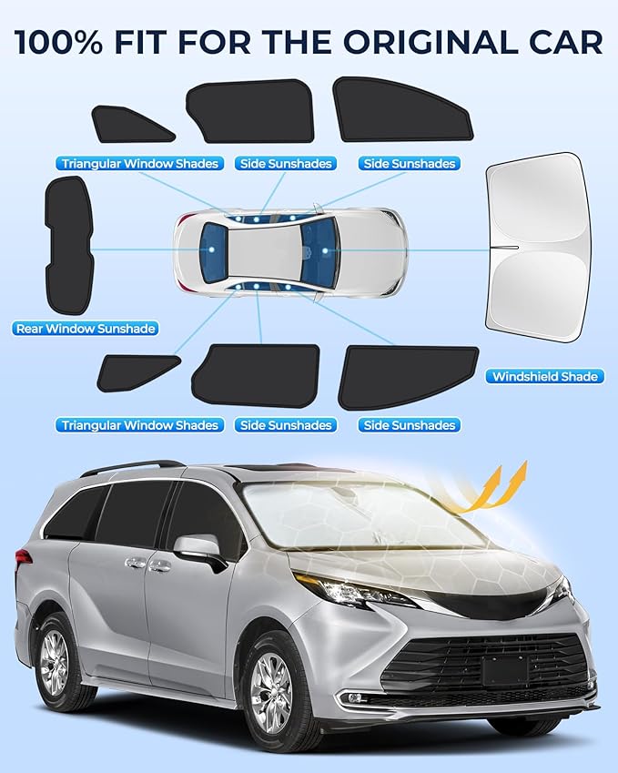 for Toyota Sienna 2021-2025 Car Window Shades, 8pcs Privacy Sun Shade Set for Front Windshield Side and Rear Windows, Full Window Covers Keeps Vehicle Cool for Camping Napping