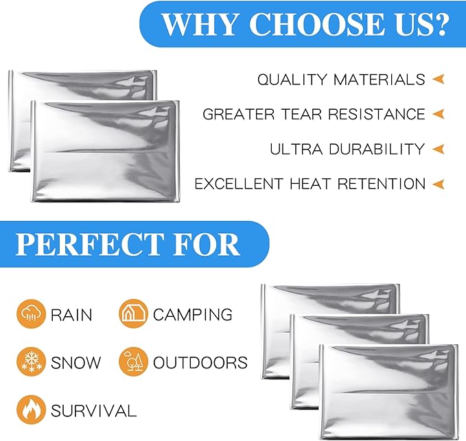 Macarrie 75 Pack Emergency Foil Thermal Blankets Silver Foil Survival Space Blanket Kit for Outdoors, Camping, Hiking, Homeless, Survival or First Aid, Silver