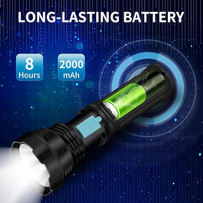 VOETIR Led Solar Flashlight, 1500 Lumens Led Solar Handheld Rechargeable Flashlights with IP65 Waterproof, 2000mAh Battery for Survival Emergencies Camping (4 Pack)