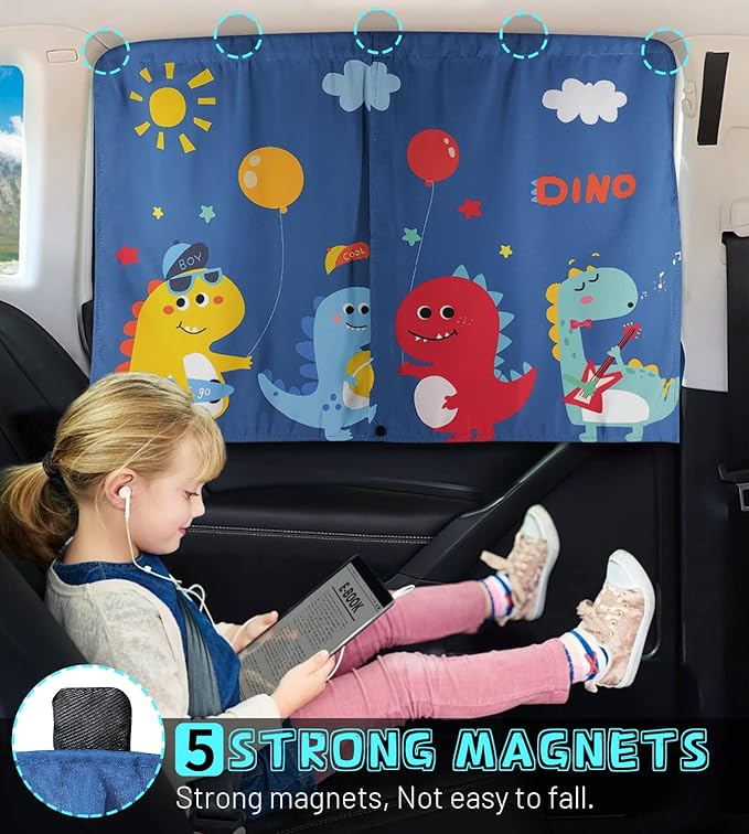 DIZA100 Car Window Shades, 2 PCS Magnetic Double Layer Sun Shade, Side Windows Privacy, Full Covers/Half Shade Options, Cute Dinosaurs, Compatible with Car, SUV, Minivan