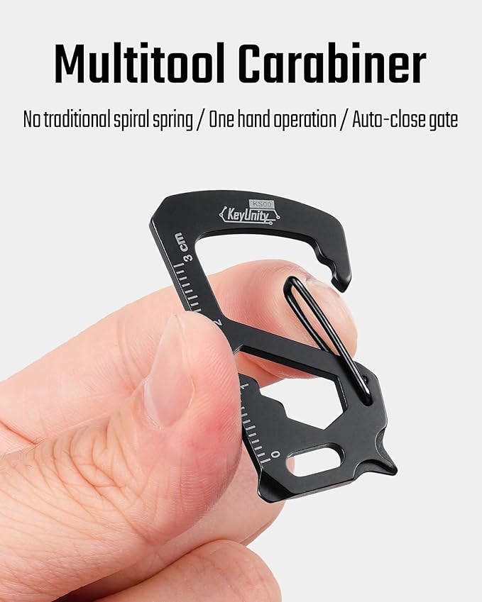 KeyUnity KS00S Carabiner Clip Multitool Stainless Steel 7 Tools in 1, Quick Release Clasp, Wrench, Cross Screwdriver, Slotted Screwdriver, Bottle Opener, Ruler, Key Holder (PVD Black,Small)