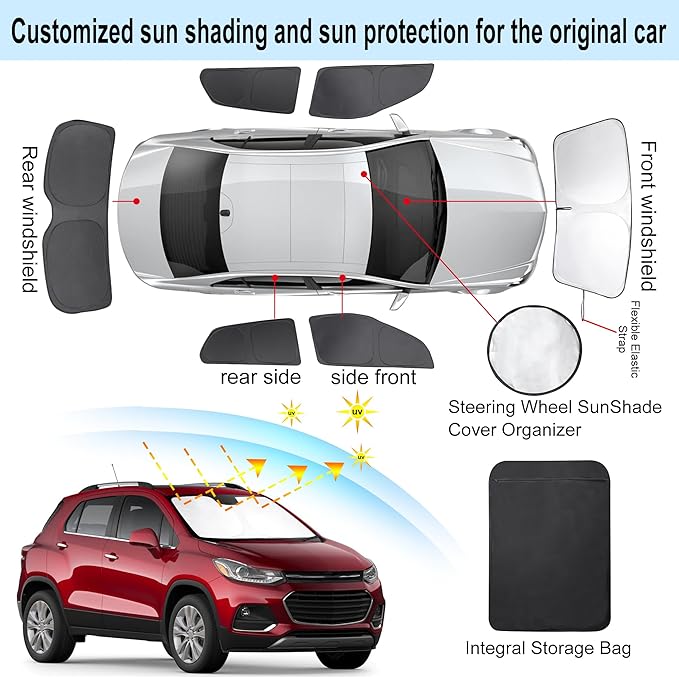 6PCS Windshield Sun Shade Custom Fit for 2013-2023 Chevrolet/Chevy Trax Accessories Foldable Sunshade Side Rear Window Shade Cover Full Set Privacy Protection Keeps Car Cool