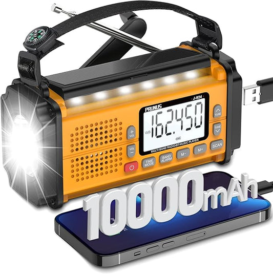 PRUNUS J-924 10000mAh/37000mWh Hand Crank Radio, AAA Batteries Powered Emergency Radio Solar, NOAA Weather Radio AM/FM/SW, USB Charging, Torch& Reading Light, SOS Alarm, Power Bank