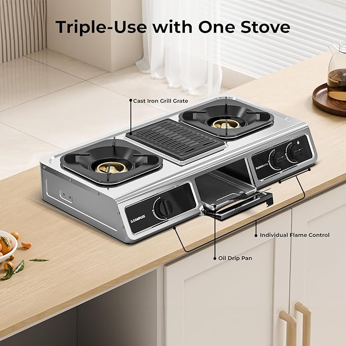 CAMPLUX 3 Burner with 1 Grill Plate Propane Gas Cooktop Stove, 26,000 BTU Stainless Steel Triple Burner Propane Cooktop for Outdoor Kitchen Cooking with CSA Regulator, Estufa de Gas Portatil