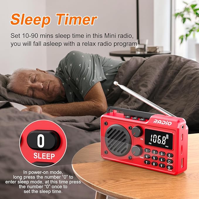 Portable Radio AM FM 1500mAh Rechargeable with Best Reception, Transistor shortwave Radio Wireless Bluetooth Speaker, with Large LCD Screen, Support TF Card U Disk, Earphone, Sleep Timer (Red)