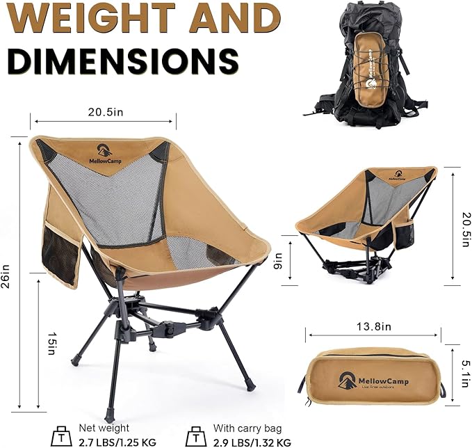 MellowCamp Camping Chair, Ultralight Folding Backpacking Hiking Chair, Compact Portable for Hiking, Camping, Backpacking, Beach, Roadtrip (Dune Brown)