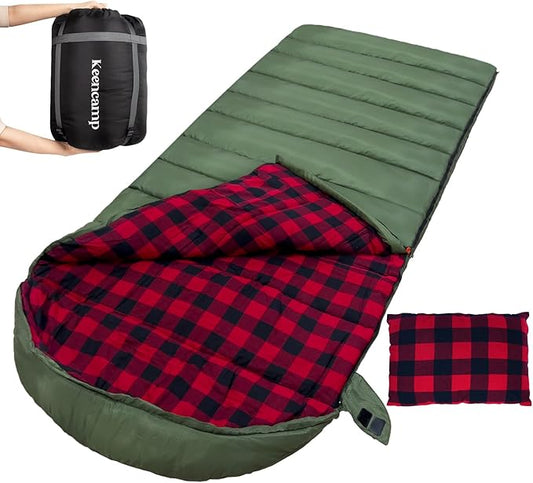 Keencamp 0 Degree Sleeping Bag Cotton Flannel Winter Cold Weather for Adults XXL Sleeping Bag 4 Season Big and Tall with Pillow Compression Sack