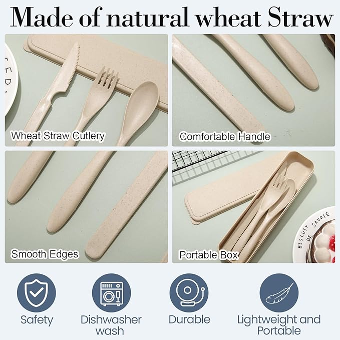 Yahenda 28 Set Reusable Travel Utensils Set with Case Wheat Straw Cutlery Portable Spoon Knife Fork Plastic Tableware Lunch Box Accessories Bulk for Adult Travel Picnic Camping Utensil(Assorted Color)