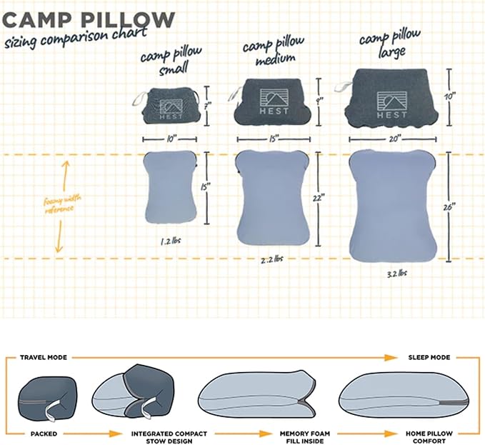 HEST Camp Pillow (Medium) - Temperature Resilient Memory Foam - Essential for Camping, Backpacking, and Outdoor Adventures - Compact Packable Travel Pillow - 15" L x 22" W