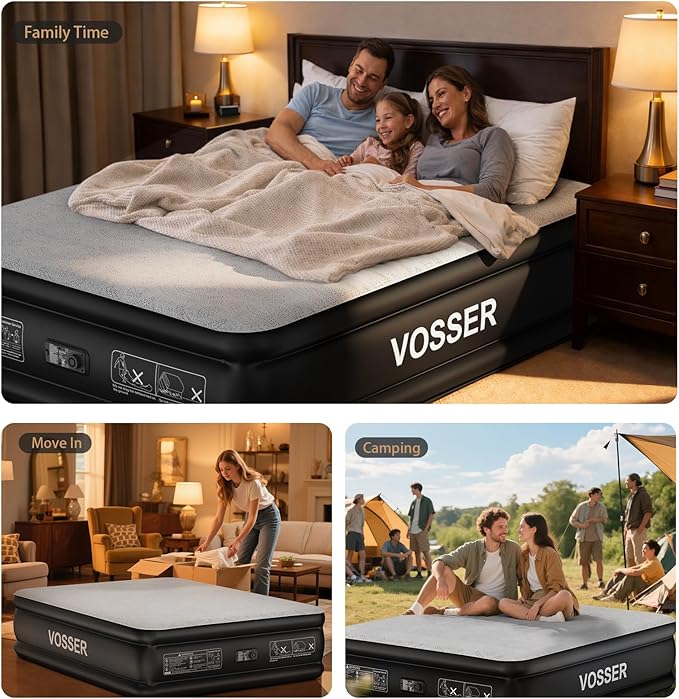 VOSSER Air Mattress with Built-in Pump,Queen 18'' Foam Topper Blow Up Mattress,Luxury Inflatable Mattress 2 Mins Self-Inflation/Deflation - Breathable and Flatness-Free for Camping, Home & Guests